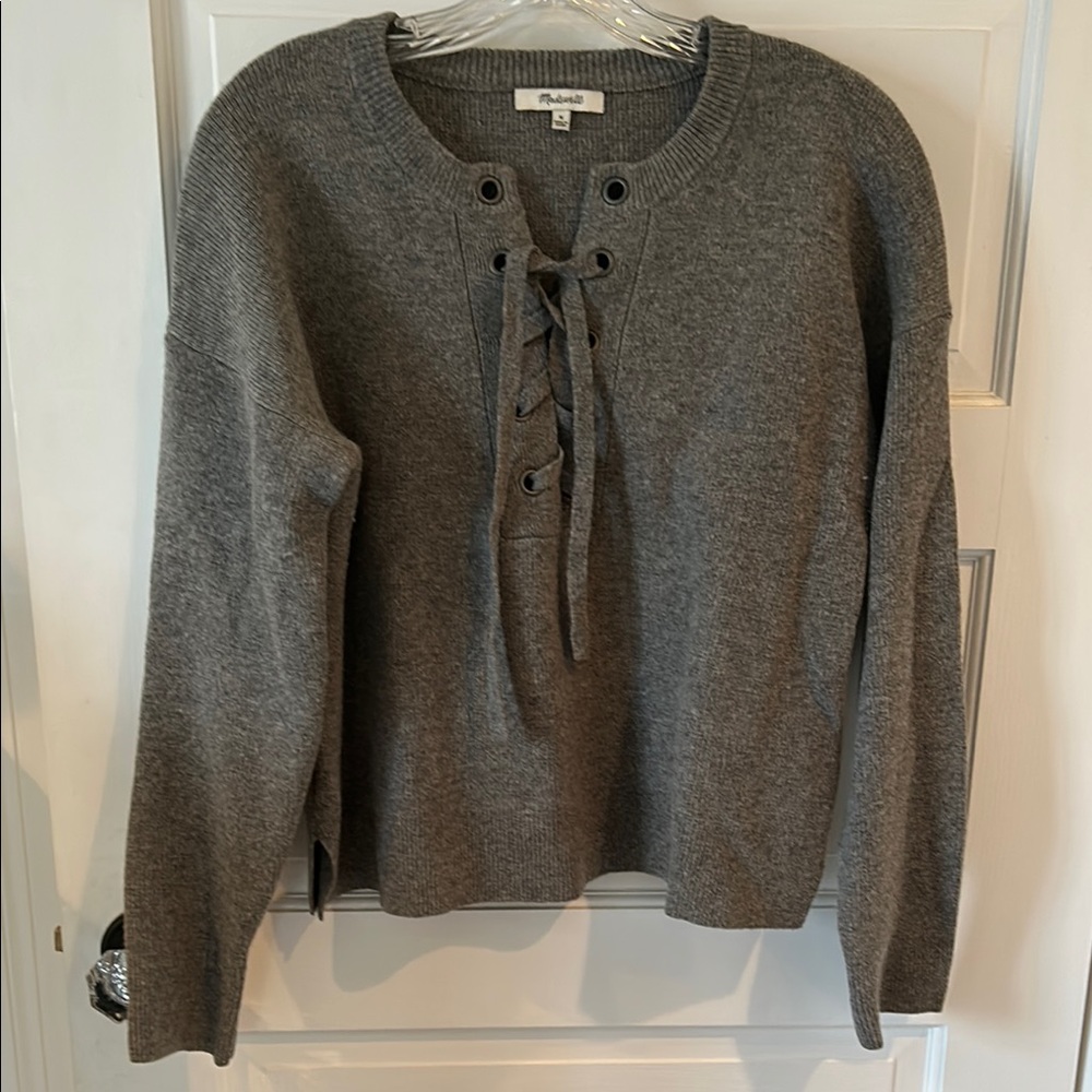 Madewell Gray Lace-Up Sweater
